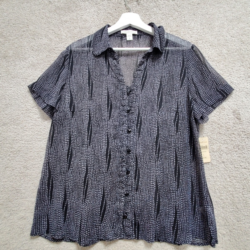 Coldwater Creek Cafe Date Shirt Blouse Womens L‎ 14 Black White Dot Sheer Ruffle